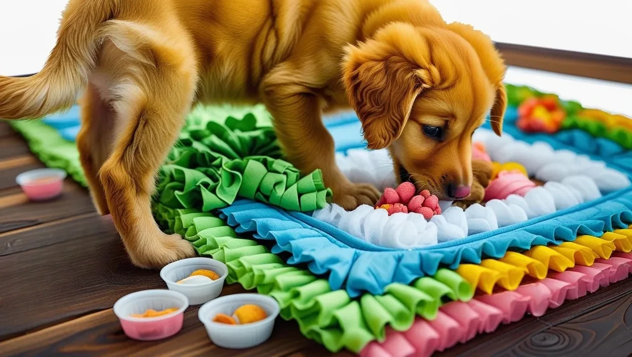 A golden puppy sniffing out treats on a colorful snuffle mat