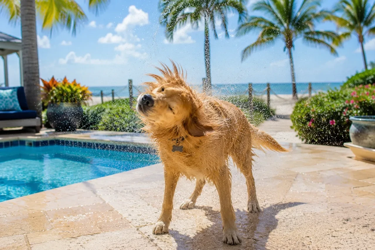 A golden retriever shaking off water beside a pool