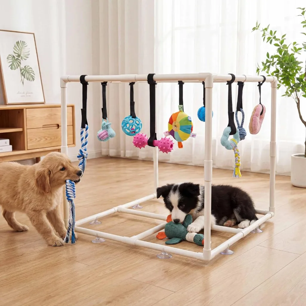 Puppy exploring an enrichment play gym set up in a home